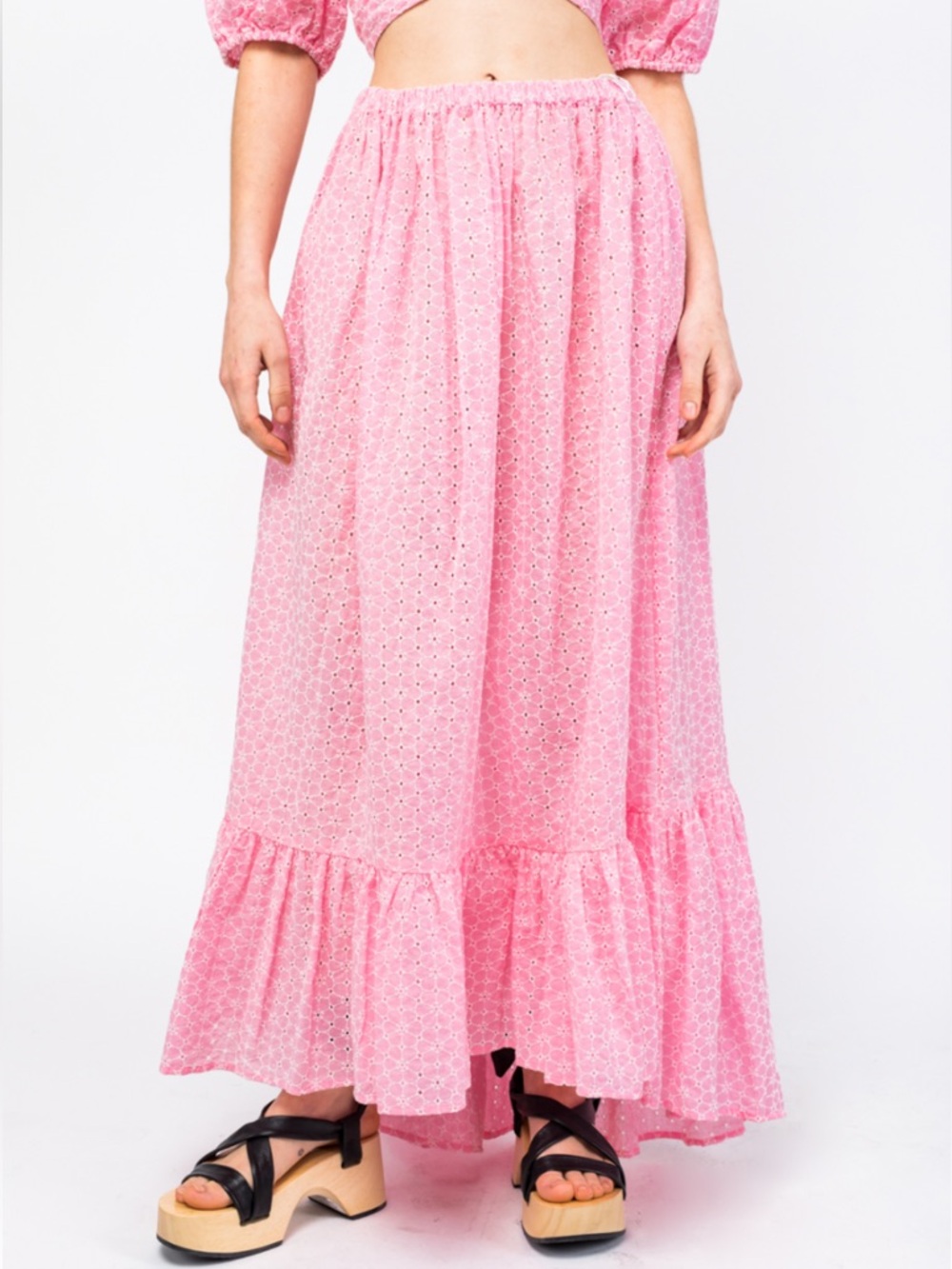 Lisa Marie Fernandez sz M/L Pink Embroidered Eyelet RUFFLE MAXISKIRT 100% cotton